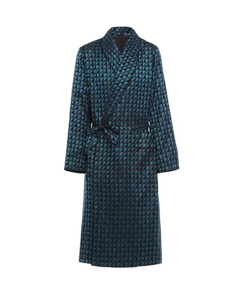 Peacock Blue Checkerboard print silk jacquard robe 